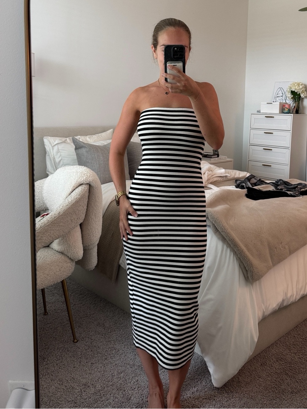 Zara Black & White Strapless Bodycon Knit Midi Dress